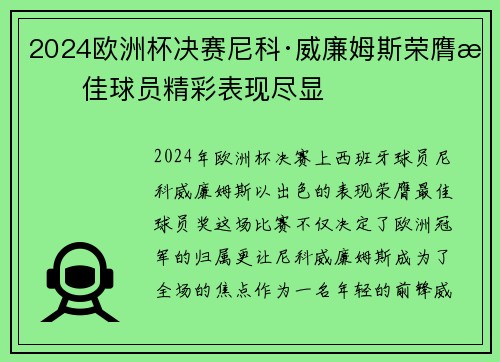2024欧洲杯决赛尼科·威廉姆斯荣膺最佳球员精彩表现尽显 2024欧洲杯决赛尼科·威廉姆斯荣膺最佳球员精彩表现尽显